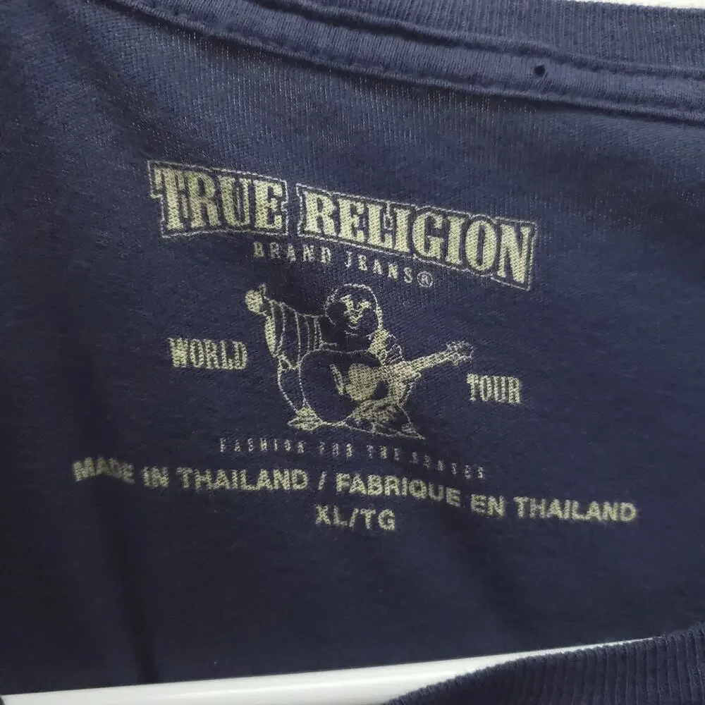 True Religion World Tour Shirt Mens XL Blue Short Sleeve Crew Neck Pullover